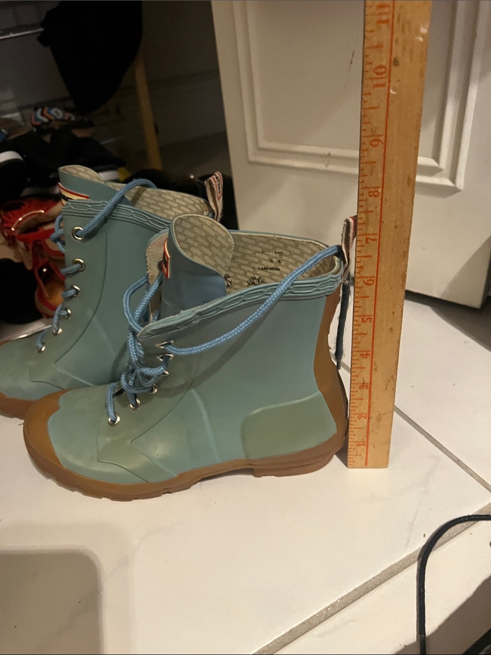 Hunter Two-Tone Lace-Up Rain Boots in Seafoam Green and Brown - Picture 2 of 6